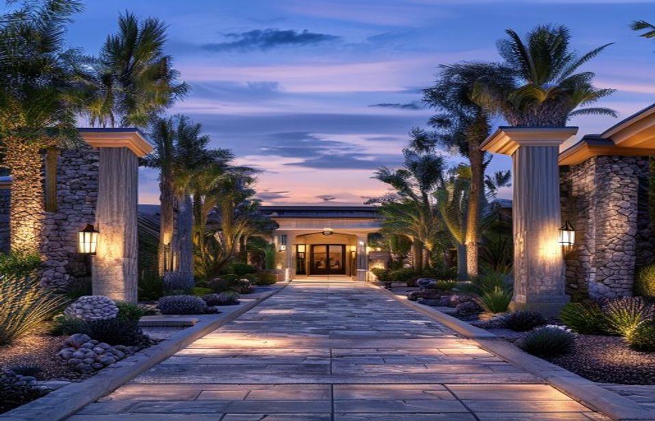 Luxury Scottsdale home elevation with a modern wood-look garage door and desert landscaping