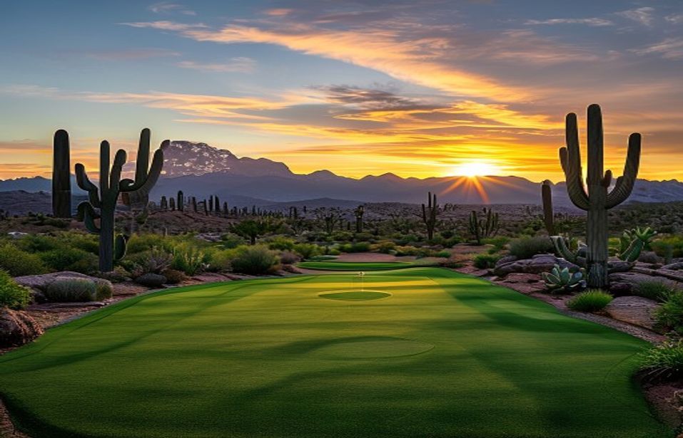 Championship golf fairway at sunset