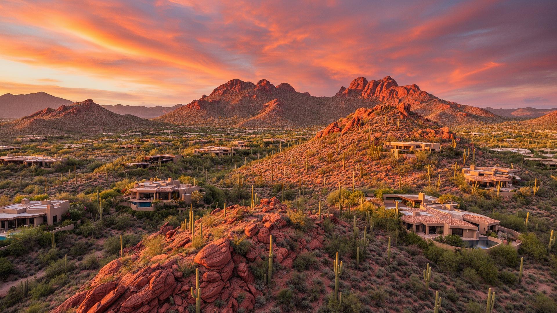 Scottsdale Arizona desert landscape with luxury homes at sunset